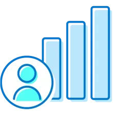 A graphic of a bar chart showing three side-by-side bars that grow in height with a user icon in front of the bars.