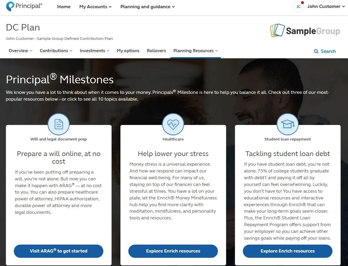 Principal Milestones main landing page, linking to various resources from ARAG and Enrich.